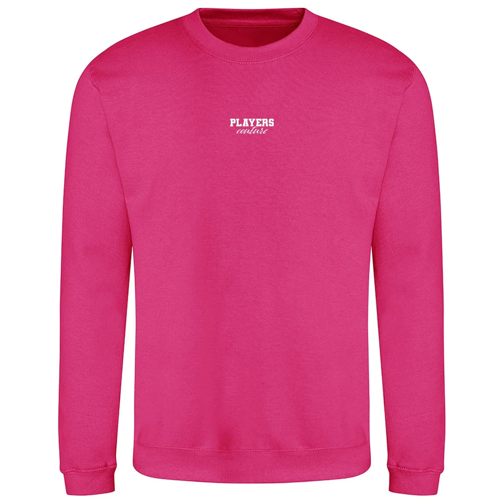 Essentials Collection hoodie – pink men's hoodie with black Essentials Collection letters and Players Couture logo on the