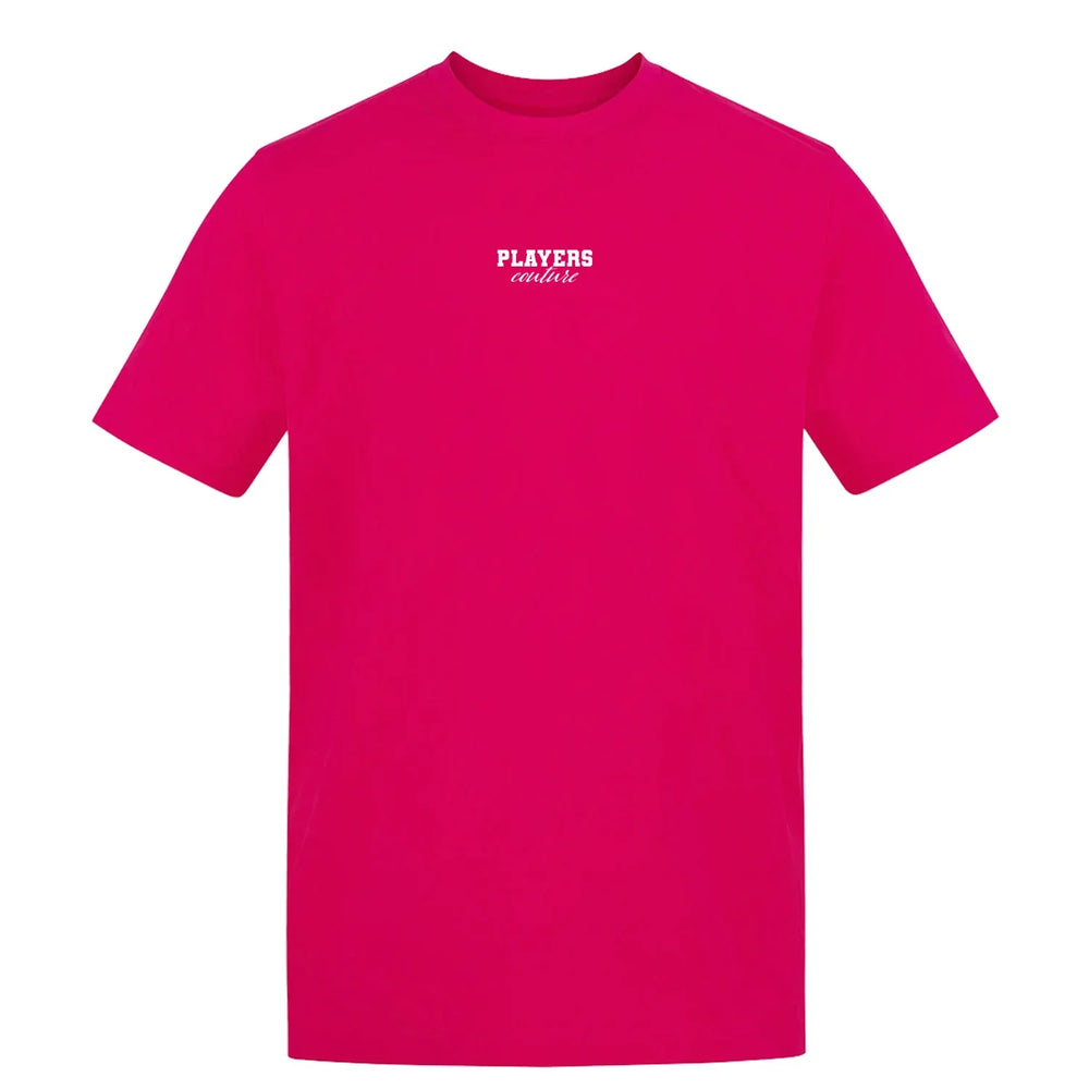 Essentials Collection t-shirt – pink men's t-shirt with black Essentials Collection letters and Players Couture logo on the