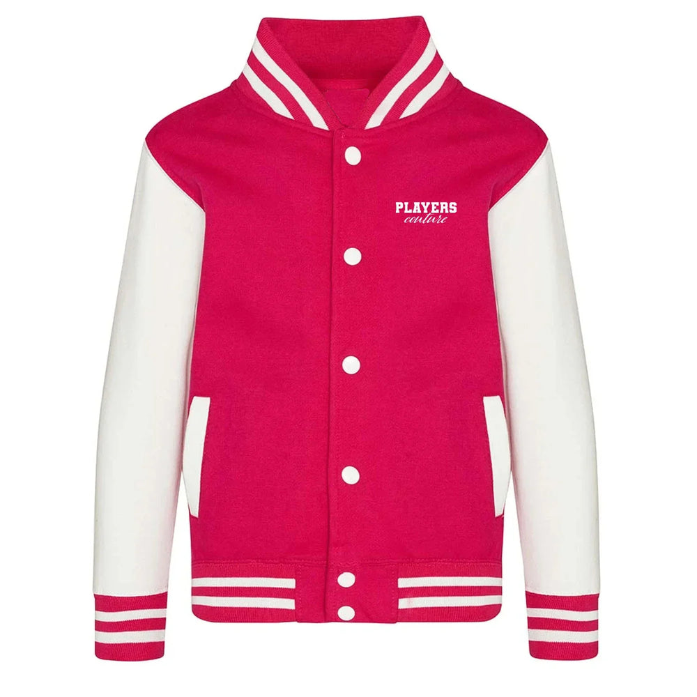 Essentials Collection hoodie – pink kids' hoodie with black Essentials Collection letters and Players Couture logo on the