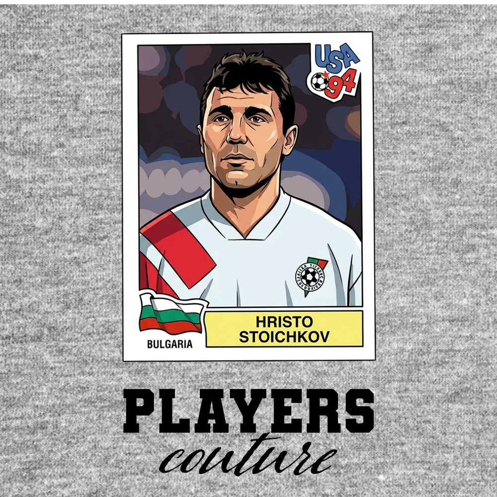 Hristo Stoichkov World Cup Sticker Men's T-Shirt – grey close-up detail shot of the Hristo Stoichkov World Cup Players