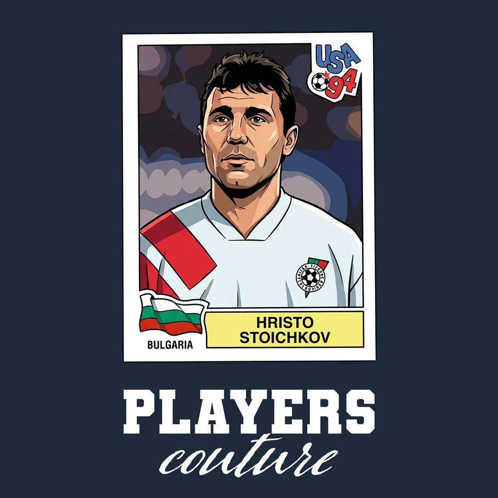 Hristo Stoichkov World Cup Sticker Men's T-Shirt – navy close-up detail shot of the Hristo Stoichkov World Cup Players