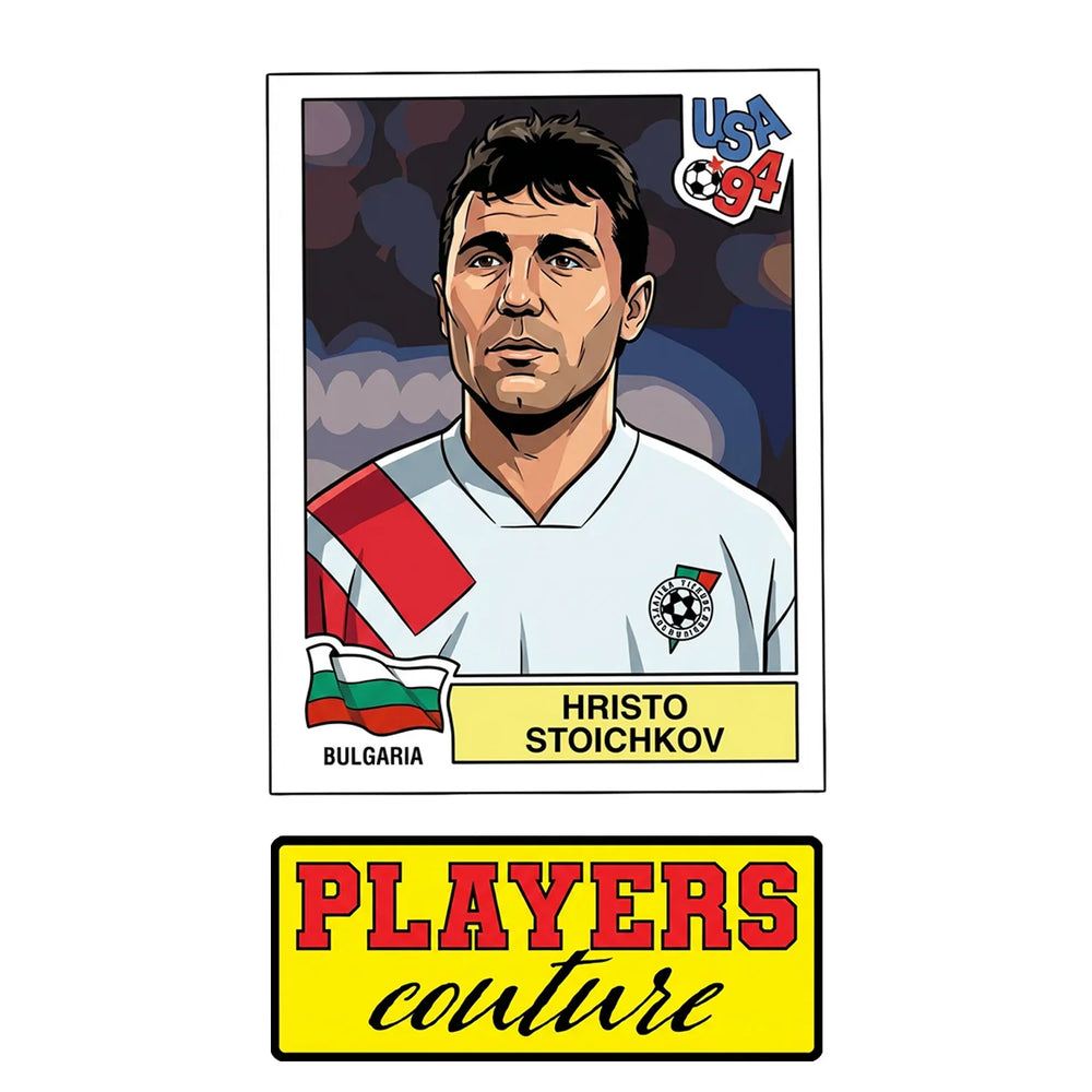 Hristo Stoichkov World Cup Sticker Men's T-Shirt – close-up detail shot of the Hristo Stoichkov World Cup Players Couture