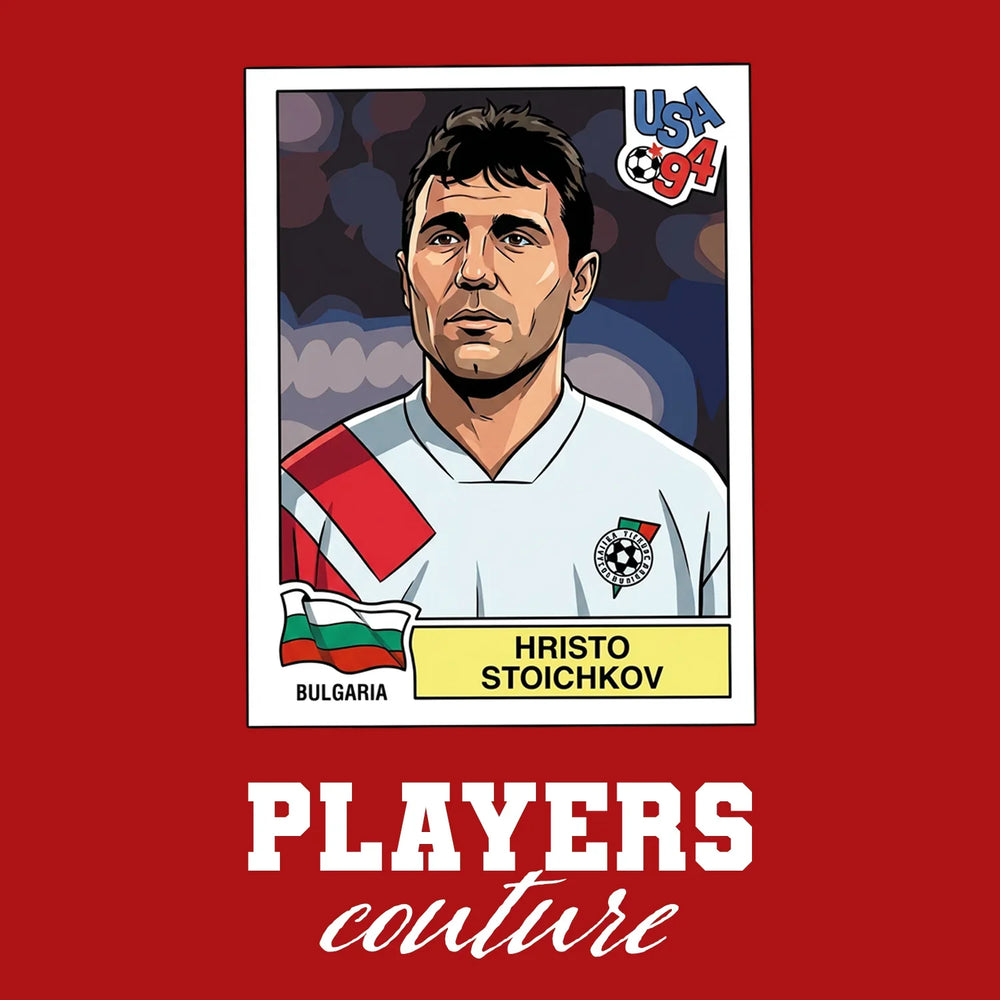 Hristo Stoichkov World Cup Sticker Men's T-Shirt – red close-up detail shot of the Hristo Stoichkov World Cup Players