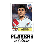 Hristo Stoichkov World Cup Sticker Men's T-Shirt – white close-up detail shot of the Hristo Stoichkov Players Couture logo