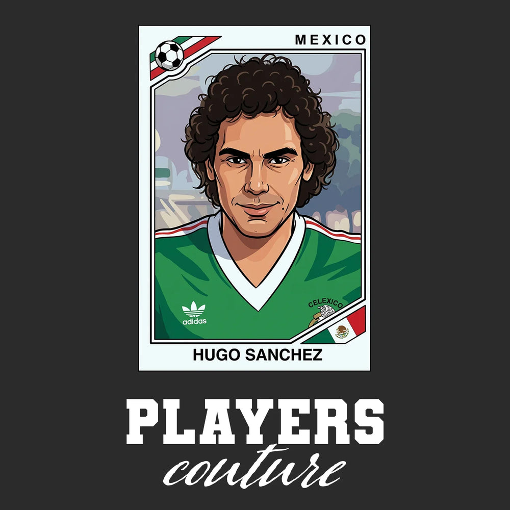Hugo Sanchez World Cup Sticker Men's T-Shirt – black close-up detail shot of the Hugo Sanchez World Cup Players Couture logo