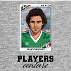 Hugo Sanchez World Cup Sticker Men's T-Shirt – grey close-up detail shot of the Hugo Sanchez World Cup Players Couture logo