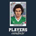 Hugo Sanchez World Cup Sticker Men's T-Shirt – navy close-up detail shot of the Hugo Sanchez World Cup Players Couture logo