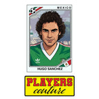 Hugo Sanchez World Cup Sticker Men's T-Shirt – close-up detail shot of the Hugo Sanchez World Cup Players Couture logo design