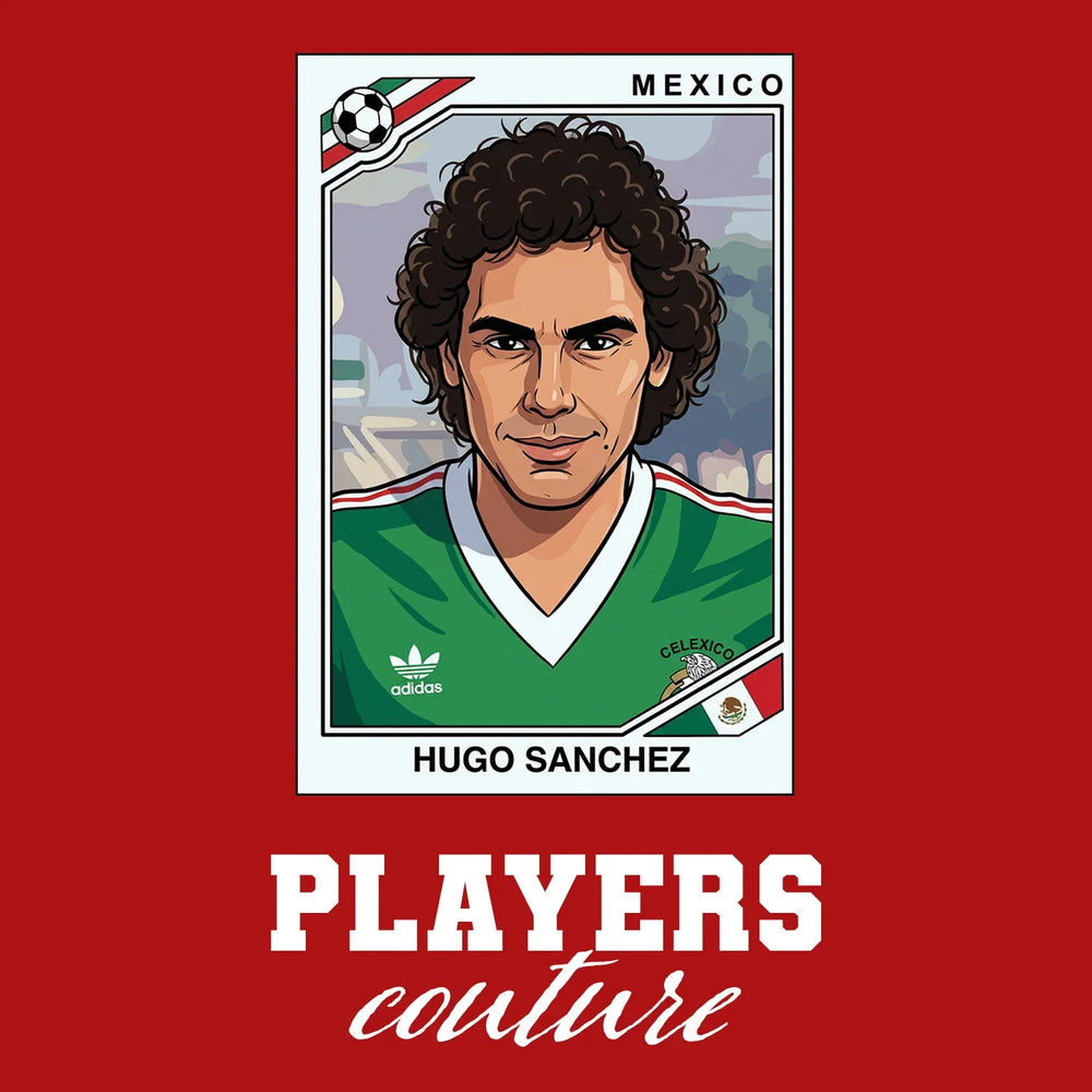 Hugo Sanchez World Cup Sticker Men's T-Shirt – red close-up detail shot of the Hugo Sanchez World Cup Players Couture logo