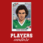 Hugo Sanchez World Cup Sticker Men's T-Shirt – red close-up detail shot of the Hugo Sanchez World Cup Players Couture logo