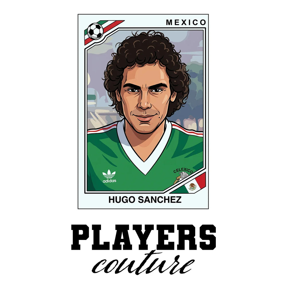 Hugo Sanchez World Cup Sticker Men's T-Shirt – white close-up detail shot of the Hugo Sanchez Players Couture logo design