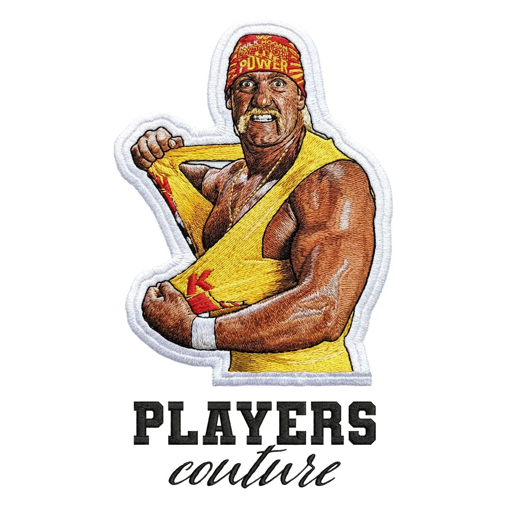 Hulk Hogan Badge Men's Hoodie – black close-up detail shot of the Hulk Hogan Players Couture logo design