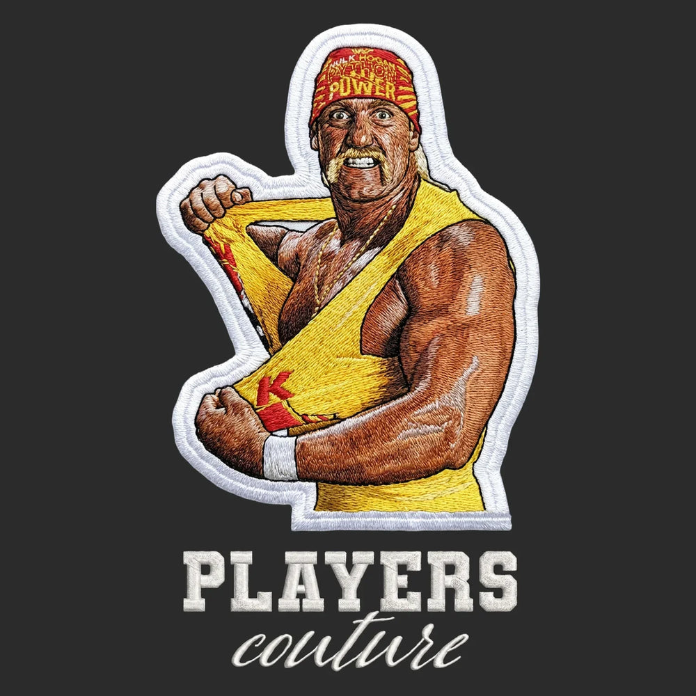 Hulk Hogan Badge Men's Hoodie – white close-up detail shot of the Hulk Hogan Players Couture logo design