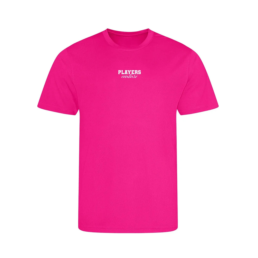 Essentials Collection t-shirt – pink kids' t-shirt with black Essentials Collection letters and Players Couture logo on the
