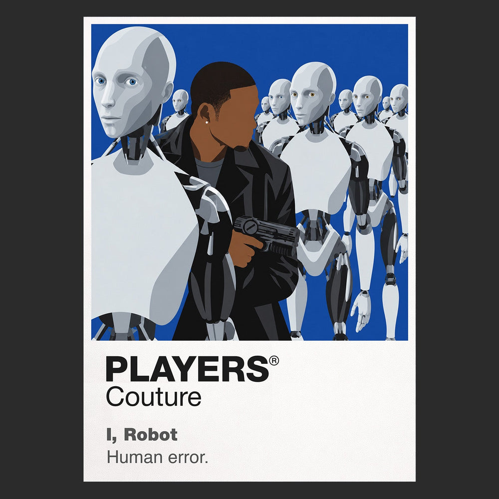 I, Robot Detective Del Spooner facing the white NS-5 robot Sonny in a sleek automated Chicago Icon Frame artwork in black