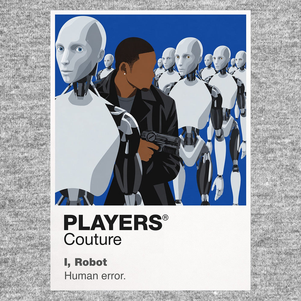 I, Robot Detective Del Spooner facing the white NS-5 robot Sonny in a sleek automated Chicago Icon Frame artwork in grey