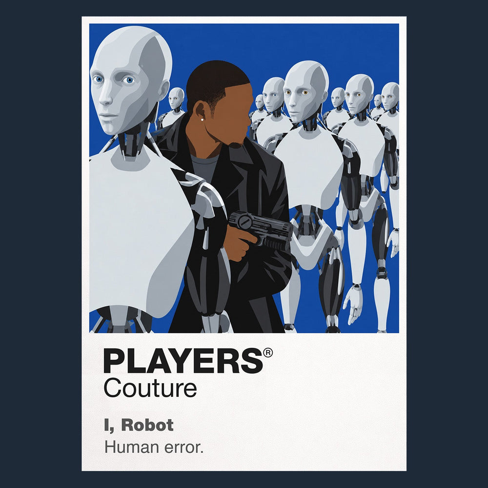 I, Robot Detective Del Spooner facing the white NS-5 robot Sonny in a sleek automated Chicago Icon Frame artwork in navy