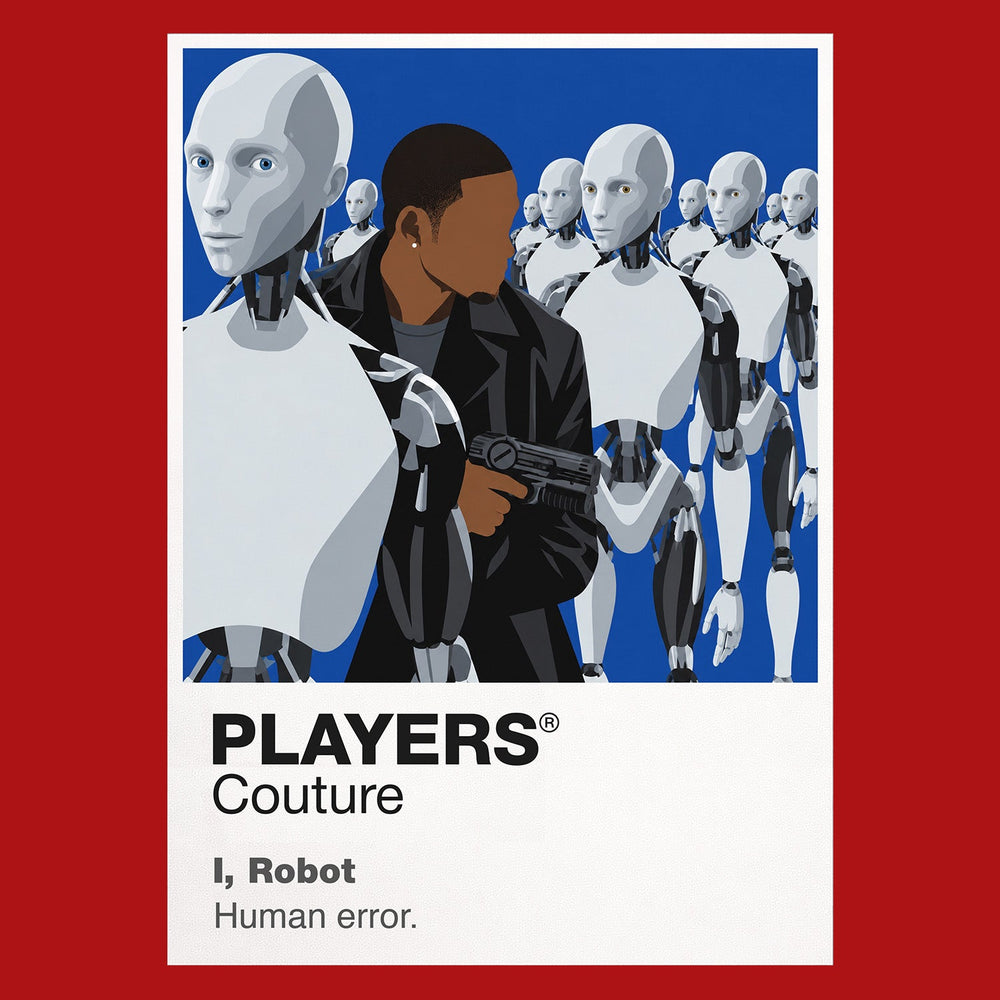 I, Robot Detective Del Spooner facing the white NS-5 robot Sonny in a sleek automated Chicago Icon Frame artwork in red