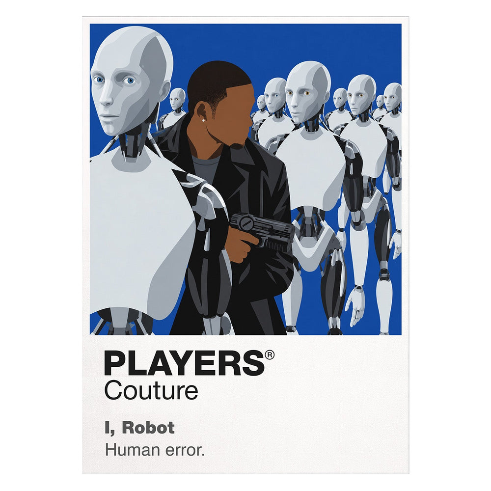 I, Robot Detective Del Spooner facing the white NS-5 robot Sonny in a sleek automated Chicago Icon Frame artwork on white