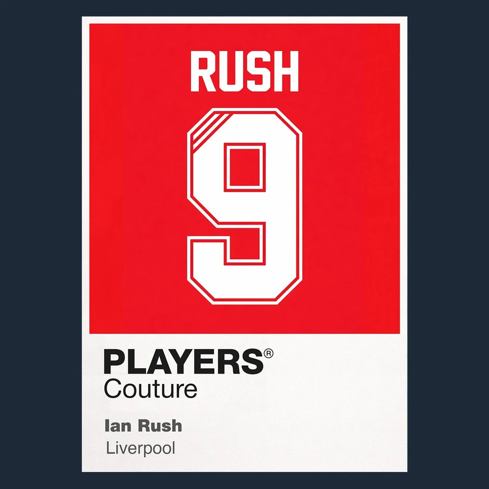 Ian Rush 9 Football Shirt Frame Men's Hoodie – navy close-up detail shot of the Ian Rush Players Couture logo design
