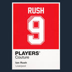 Ian Rush 9 Football Shirt Frame Men's Hoodie – navy close-up detail shot of the Ian Rush Players Couture logo design
