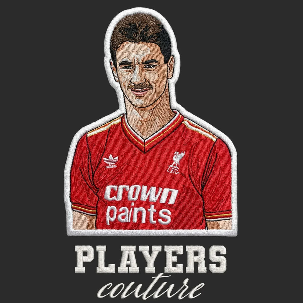 Ian Rush Badge Men's T-Shirt – black close-up detail shot of the Ian Rush Players Couture logo design