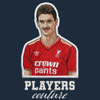 Ian Rush Badge Men's T-Shirt – navy close-up detail shot of the Ian Rush Players Couture logo design
