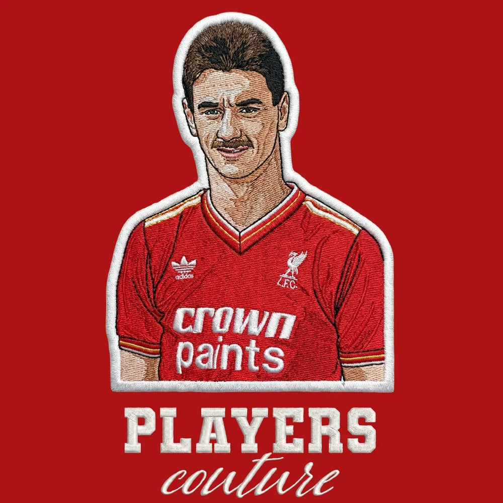 Ian Rush Badge Men's Hoodie – close-up detail shot of the Ian Rush Players Couture logo design