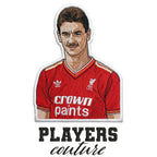 Ian Rush Badge Men's T-Shirt – white close-up detail shot of the Ian Rush Players Couture logo design