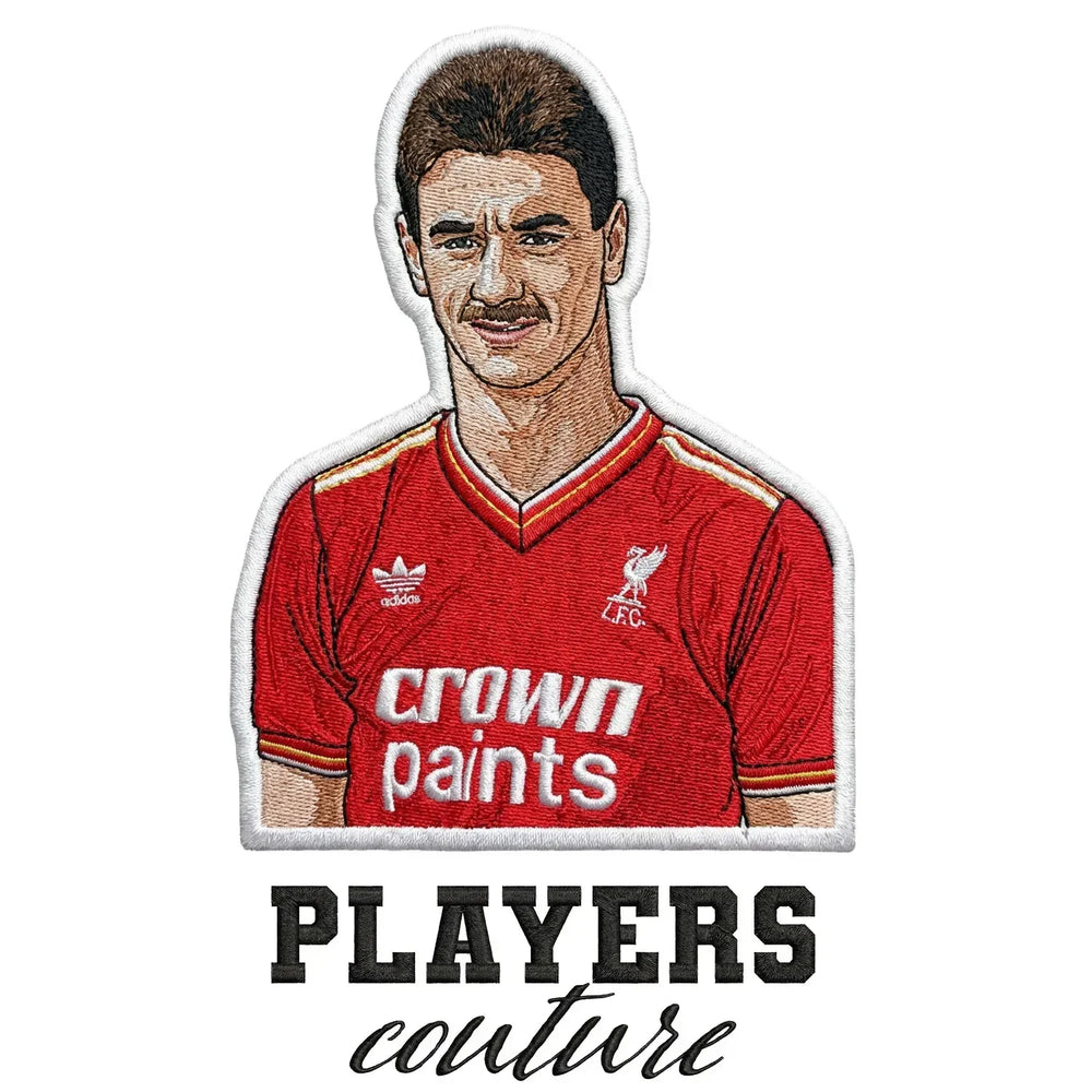 Ian Rush Badge Men's Hoodie – close-up detail shot of the Ian Rush Players Couture logo design