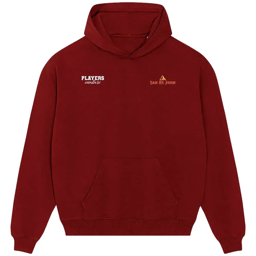 Ian St John hoodie – red men's hoodie featuring the Ian St John Players Couture logo