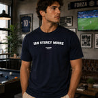 Ian Storey-Moore navy men's T-shirt lifestyle photograph