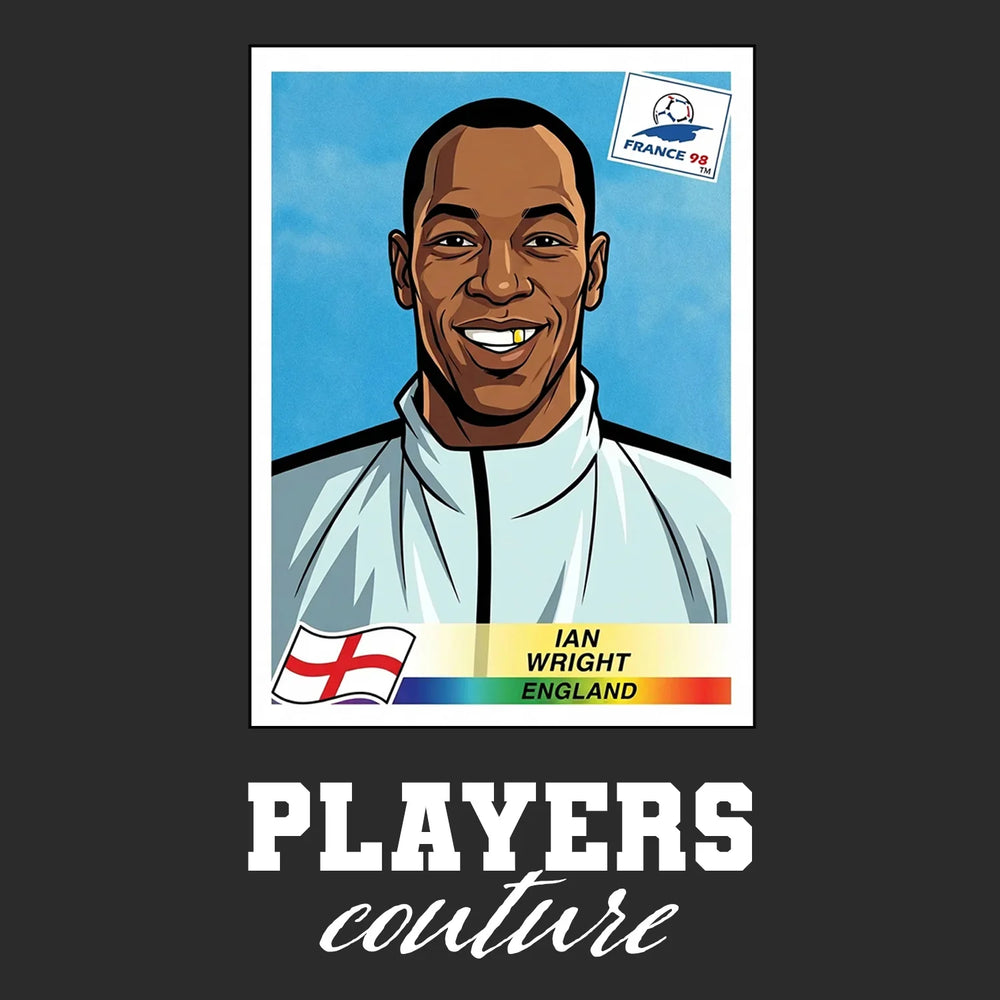 Ian Wright World Cup Sticker Men's T-Shirt – black close-up detail shot of the Ian Wright World Cup Players Couture logo