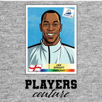 Ian Wright World Cup Sticker Men's T-Shirt – grey close-up detail shot of the Ian Wright World Cup Players Couture logo