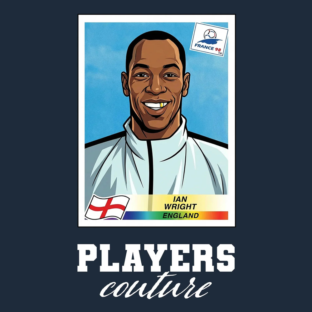 Ian Wright World Cup Sticker Men's T-Shirt – navy close-up detail shot of the Ian Wright World Cup Players Couture logo