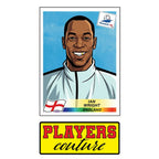 Ian Wright World Cup Sticker Men's T-Shirt – close-up detail shot of the Ian Wright World Cup Players Couture logo design