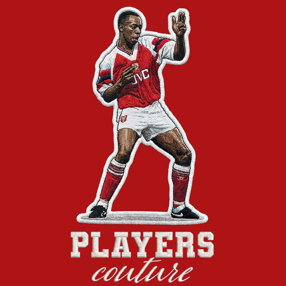 Ian Wright Badge Men's T-Shirt – red close-up detail shot of the Ian Wright Players Couture logo design