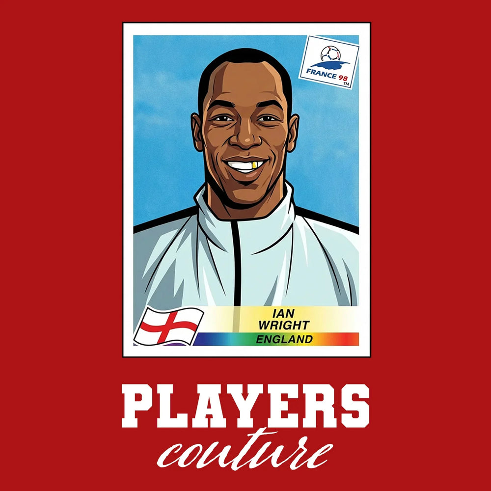 Ian Wright World Cup Sticker Men's T-Shirt – red close-up detail shot of the Ian Wright World Cup Players Couture logo design