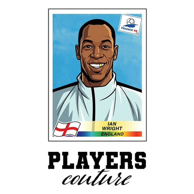 Ian Wright World Cup Sticker Men's T-Shirt – white close-up detail shot of the Ian Wright Players Couture logo design