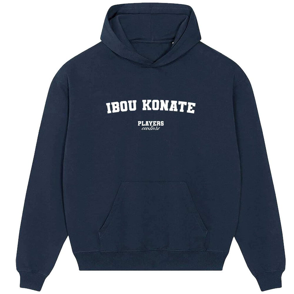 Navy hoodie with 'Ibou Konate' and 'Players Couture' text, premium sports fanwear
