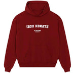 Ibou Konate hoodie – red men's hoodie with white Ibou Konate letters and Players Couture logo on the chest