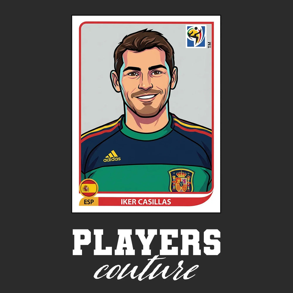 Iker Casillas World Cup Sticker Men's T-Shirt – black close-up detail shot of the Iker Casillas World Cup Players Couture
