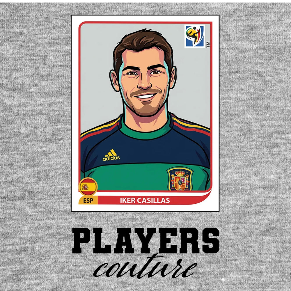 Iker Casillas World Cup Sticker Men's T-Shirt – grey close-up detail shot of the Iker Casillas World Cup Players Couture