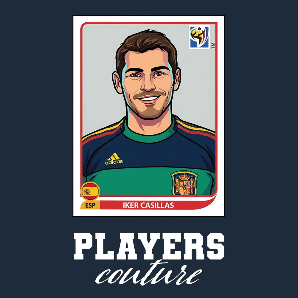 Iker Casillas World Cup Sticker Men's T-Shirt – navy close-up detail shot of the Iker Casillas World Cup Players Couture