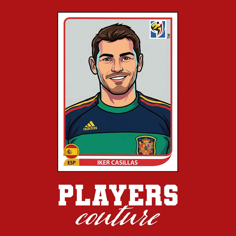 Iker Casillas World Cup Sticker Men's T-Shirt – red close-up detail shot of the Iker Casillas World Cup Players Couture logo