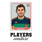 Iker Casillas World Cup Sticker Men's T-Shirt – white close-up detail shot of the Iker Casillas Players Couture logo design