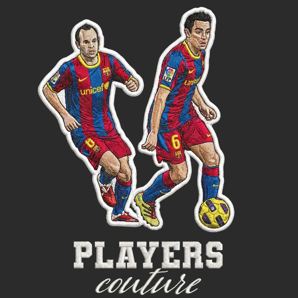 Iniesta & Xavi Badge Men's T-Shirt – black close-up detail shot of the Iniesta & Xavi Players Couture logo design