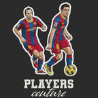 Iniesta & Xavi Badge Men's T-Shirt – black close-up detail shot of the Iniesta & Xavi Players Couture logo design