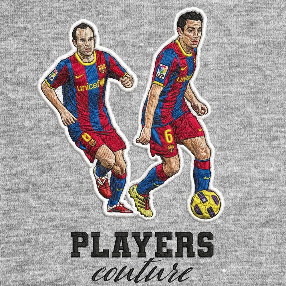 Iniesta & Xavi Badge Men's Hoodie – close-up detail shot of the Iniesta & Xavi Players Couture logo design
