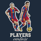 Iniesta & Xavi Badge Men's T-Shirt – navy close-up detail shot of the Iniesta & Xavi Players Couture logo design